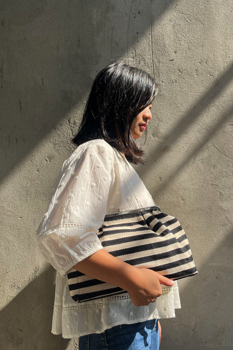 Stripe it Black Clutch cotton Bags by Khara Kapas for women Worldwide