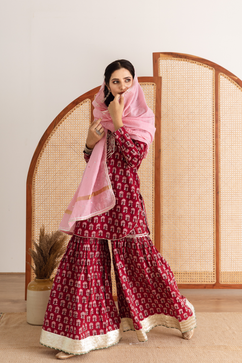 Gulaab gainda sharara set - red hand block printed cotton sharara set cotton by Maison Shefali in red color for women Worldwide