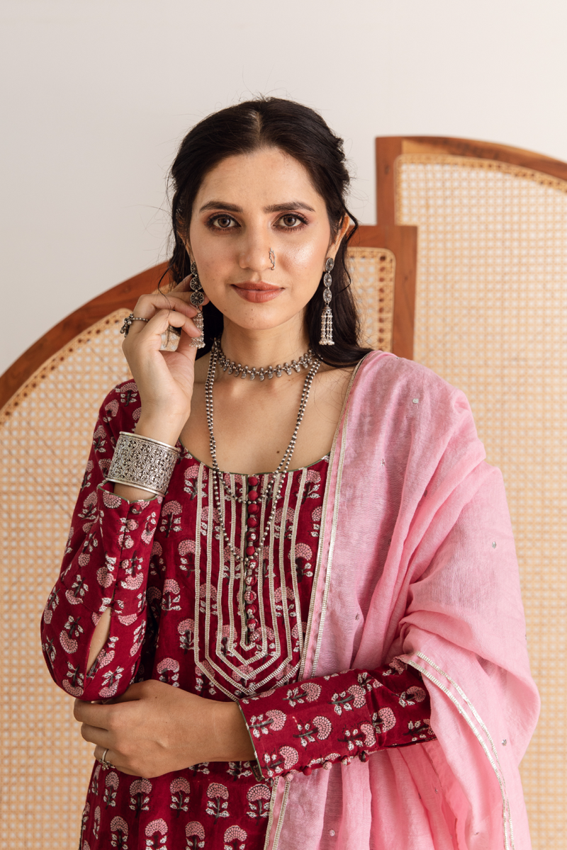 Gulaab gainda sharara set - red hand block printed cotton sharara set cotton by Maison Shefali in red color for women Worldwide