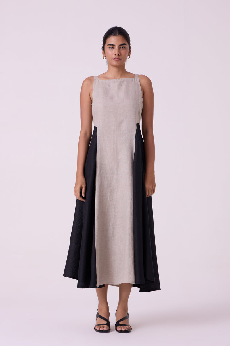 Weasley Beige Linen Panelled Midi Dress linen dress by The Summer House in beige for women Worldwide