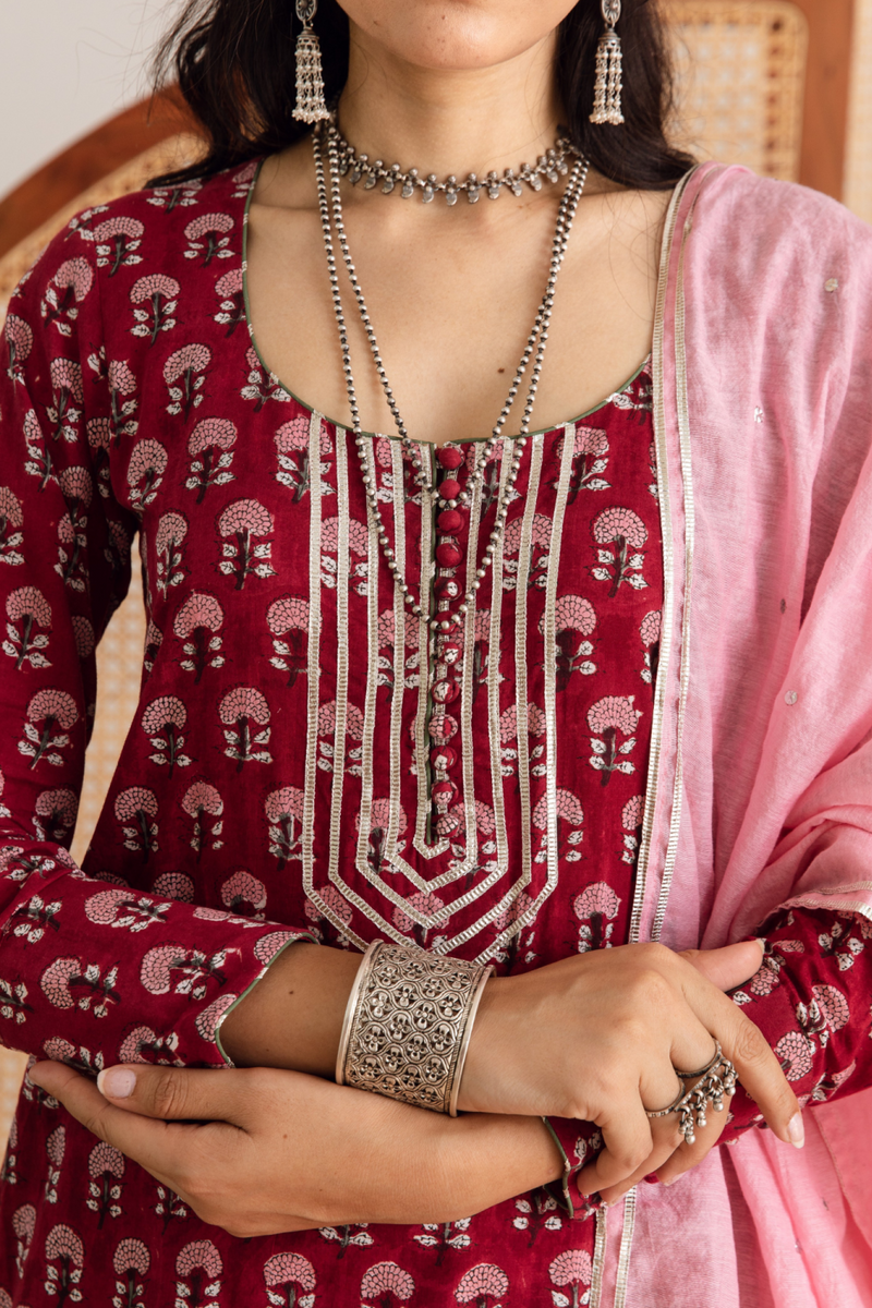 Gulaab gainda sharara set - red hand block printed cotton sharara set cotton by Maison Shefali in red color for women Worldwide