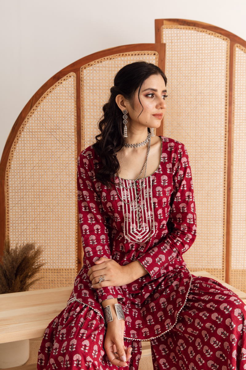 Gulaab gainda sharara set - red hand block printed cotton sharara set cotton by Maison Shefali in red color for women Worldwide