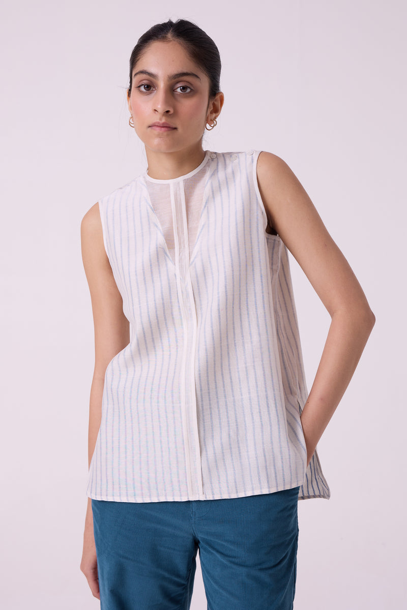 Sora Striped Handwoven Top handwoven chanderi & handwoven cotton top/shirt by The Summer House in off white for women Worldwide