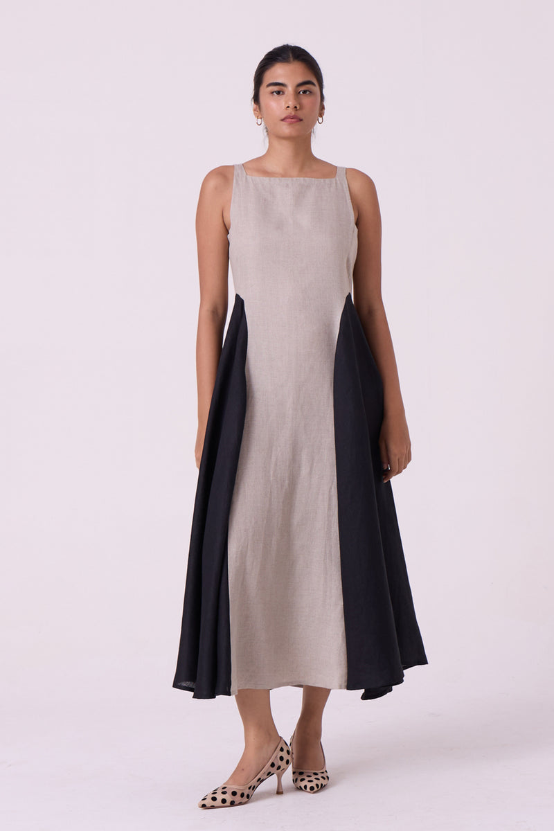 Weasley Beige Linen Panelled Midi Dress linen dress by The Summer House in beige for women Worldwide
