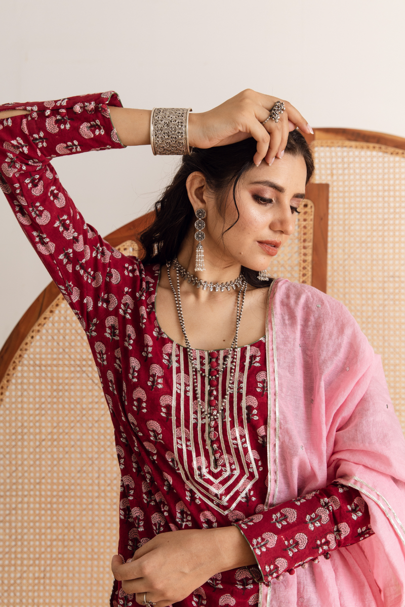 Gulaab gainda sharara set - red hand block printed cotton sharara set cotton by Maison Shefali in red color for women Worldwide