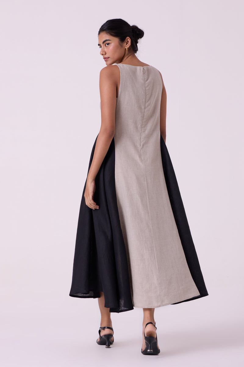 Weasley Beige Linen Panelled Midi Dress linen dress by The Summer House in beige for women Worldwide