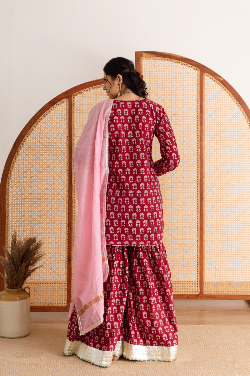 Gulaab gainda sharara set - red hand block printed cotton sharara set cotton by Maison Shefali in red color for women Worldwide