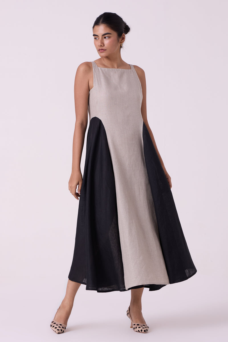 Weasley Beige Linen Panelled Midi Dress linen dress by The Summer House in beige for women Worldwide