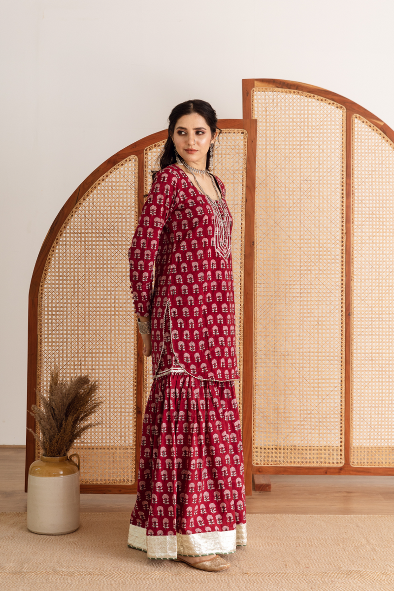 Gulaab gainda sharara set - red hand block printed cotton sharara set cotton by Maison Shefali in red color for women Worldwide