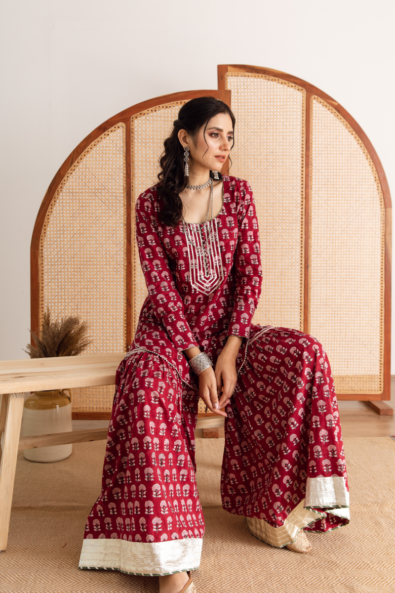 Gulaab gainda sharara set - red hand block printed cotton sharara set cotton by Maison Shefali in red color for women Worldwide
