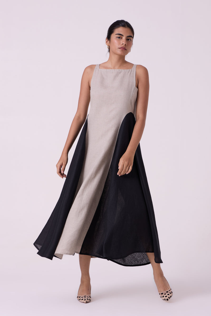 Weasley Beige Linen Panelled Midi Dress linen dress by The Summer House in beige for women Worldwide