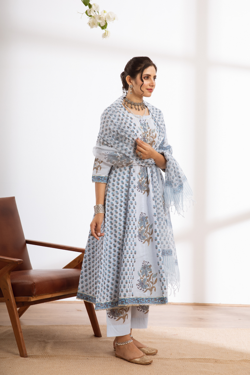 Neeleshwari- blue hand block printed cotton kalidar set cotton by Maison Shefali in blue color for women Worldwide