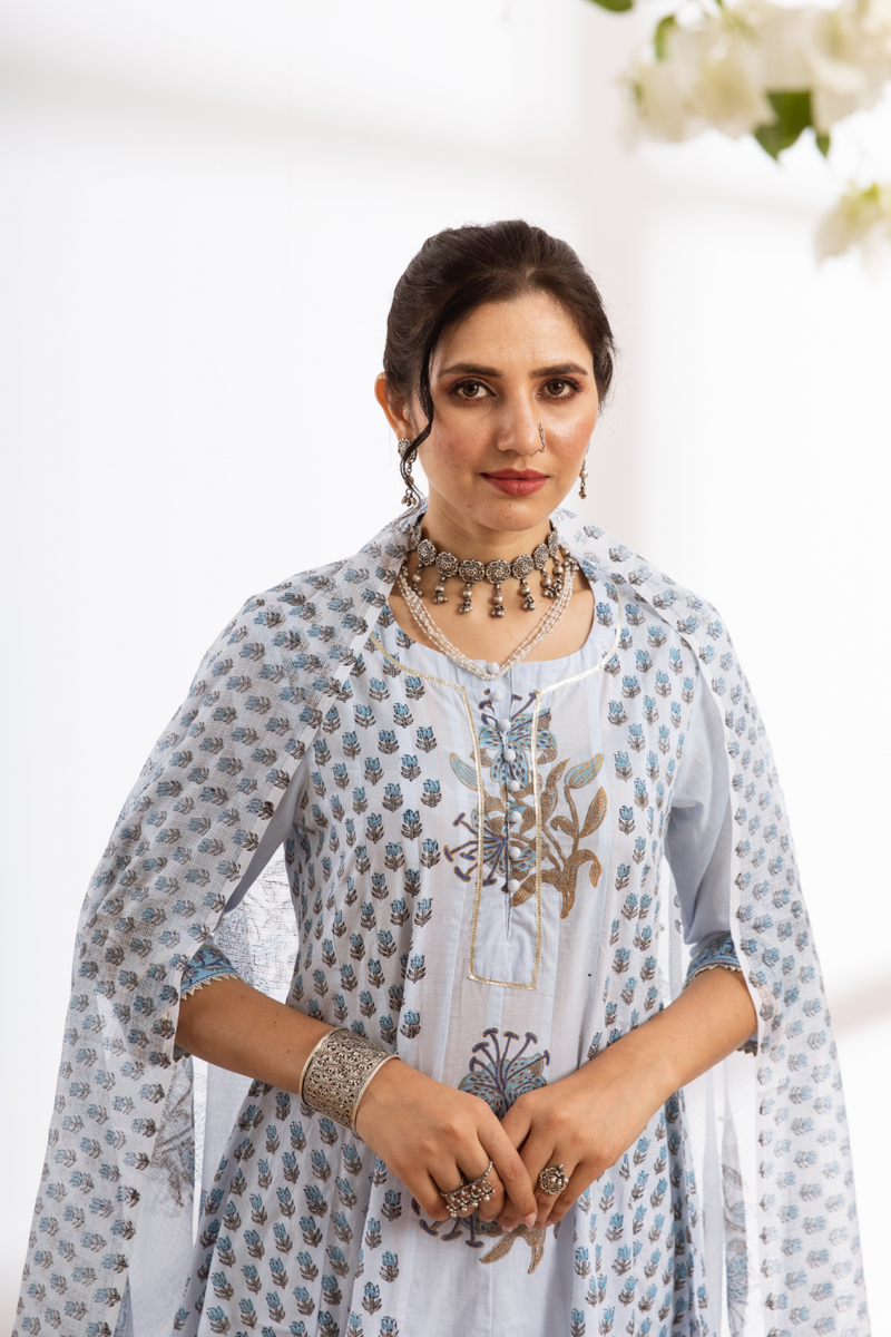 Neeleshwari- blue hand block printed cotton kalidar set cotton by Maison Shefali in blue color for women Worldwide