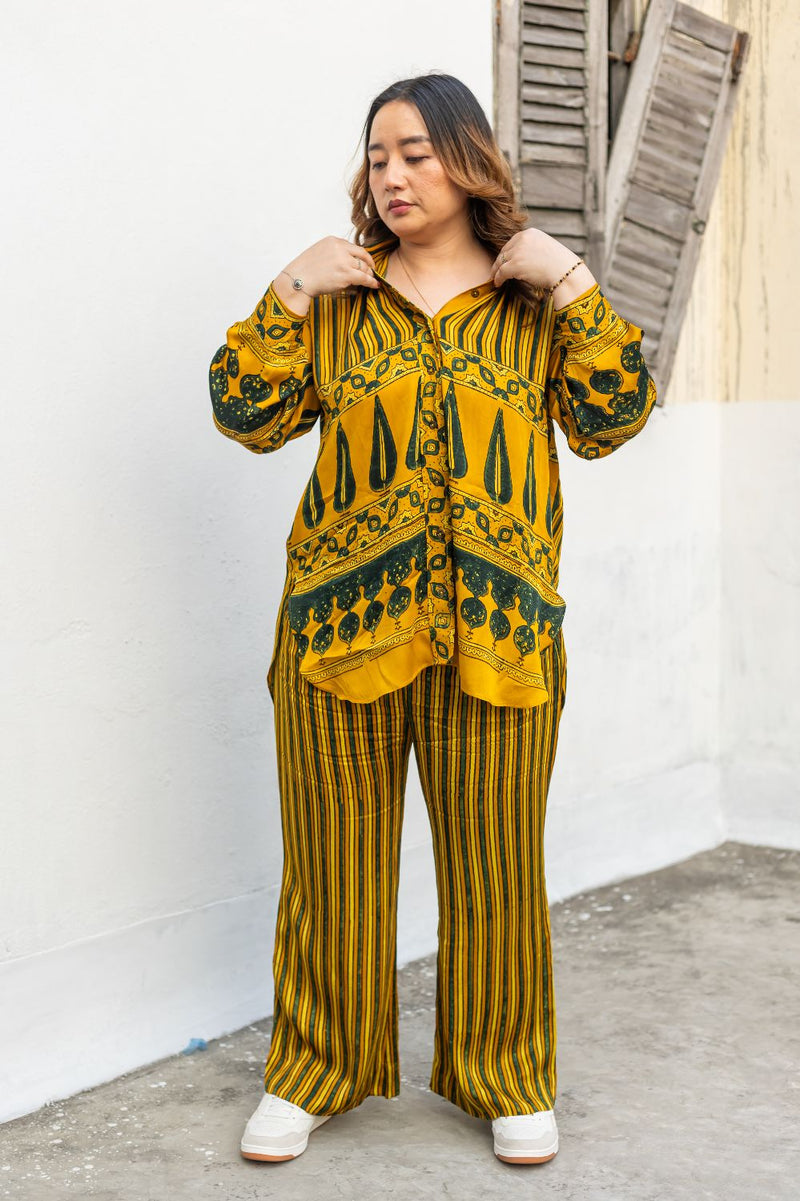 Hyde Yellow Stripes Hi-Low Shirt with Pants (AJMSHST2) satin by PRAHNAAYA in yellow color for women Worldwide