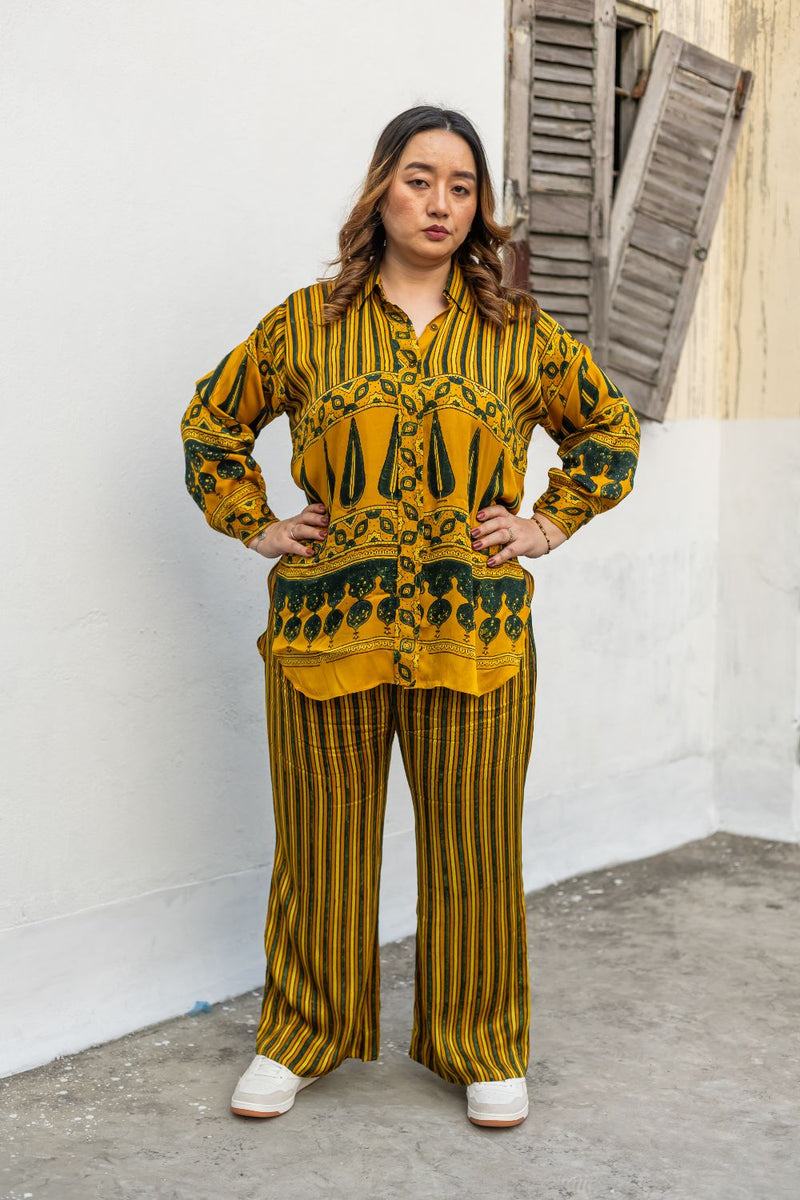 Hyde Yellow Stripes Hi-Low Shirt with Pants (AJMSHST2) satin by PRAHNAAYA in yellow color for women Worldwide