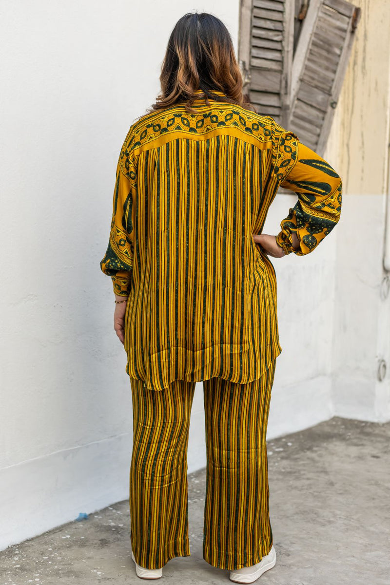 Hyde Yellow Stripes Hi-Low Shirt with Pants (AJMSHST2) satin by PRAHNAAYA in yellow color for women Worldwide