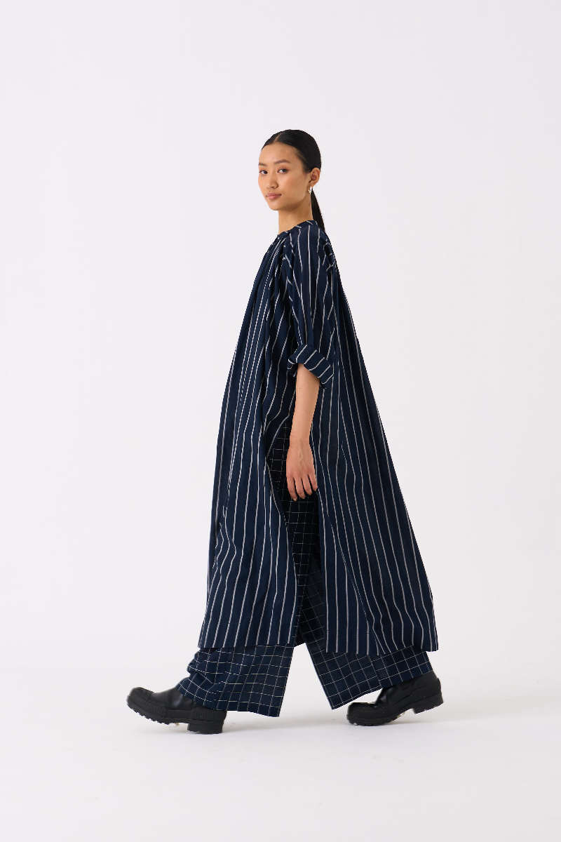 GATHER NECK SHIRT-BLACK STRIPE mul by THREE in black color for women Worldwide