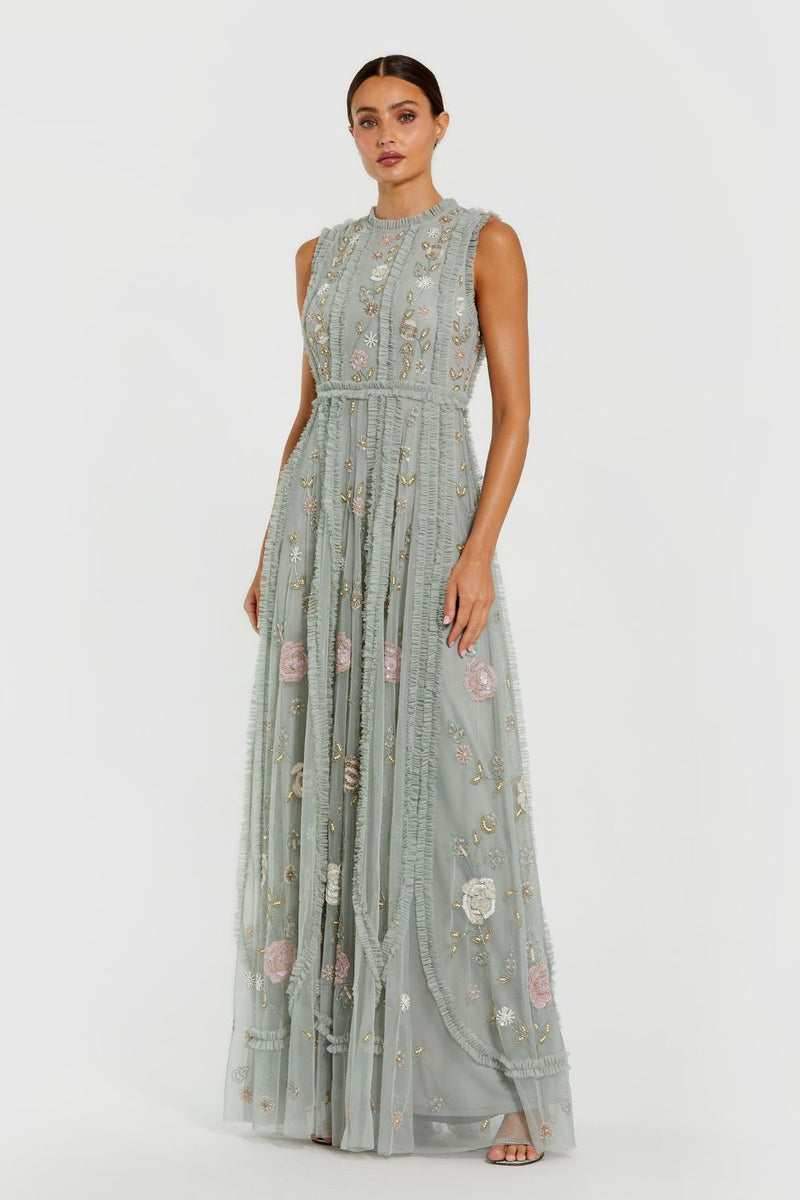 9360-Floral Mesh Sleeveless A Line Micro Ruffle Gown by Mac Duggal in green color for women Worldwide