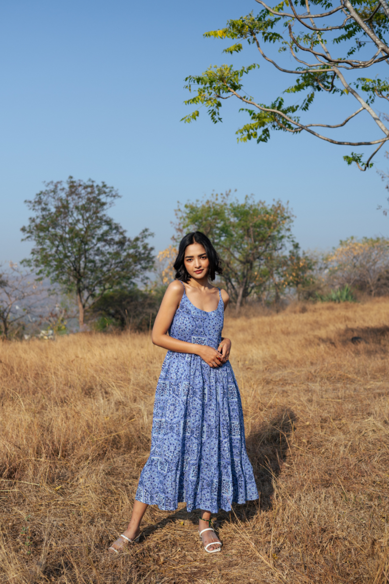 Jodhpur Dress - Handblock Printed Cotton Dress cotton by Marche in blue color for women Worldwide
