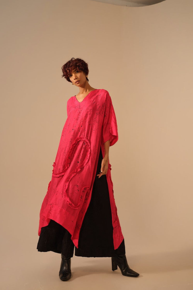 Flamingo SP Tunic-Pink + Black upada silk kaftans and tunics by Stoique in pink, black for women Worldwide