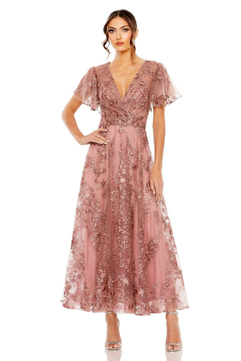20486-Pink Embroidered Flutter Sleeve A-Line Dress by Mac Duggal in mauve color for women Worldwide