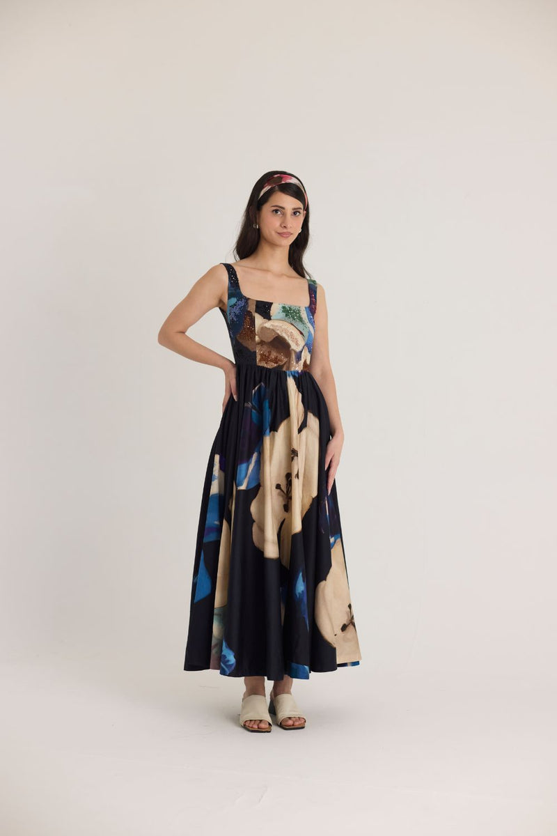 ROCCO EMBROIDERED DRESS satin by Yam in black color for women Worldwide