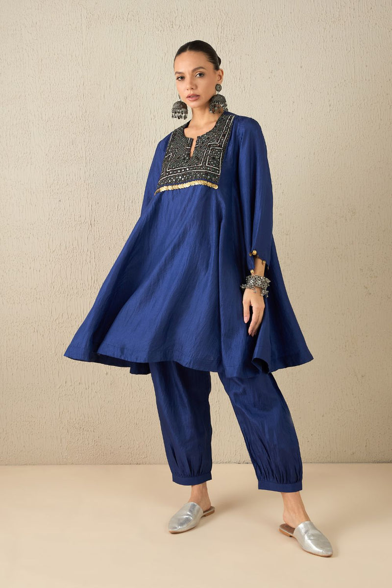 AFGHANI SILK SET - Navy Blue silk by Aavidi in yellow color for women Worldwide