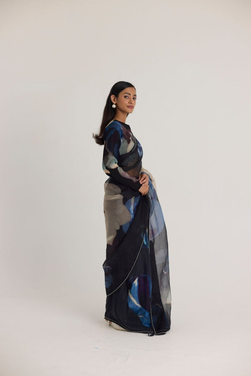 ROCCO HALF SILK & HALF ORGANZA SAREE organza by Yam in black color for women Worldwide