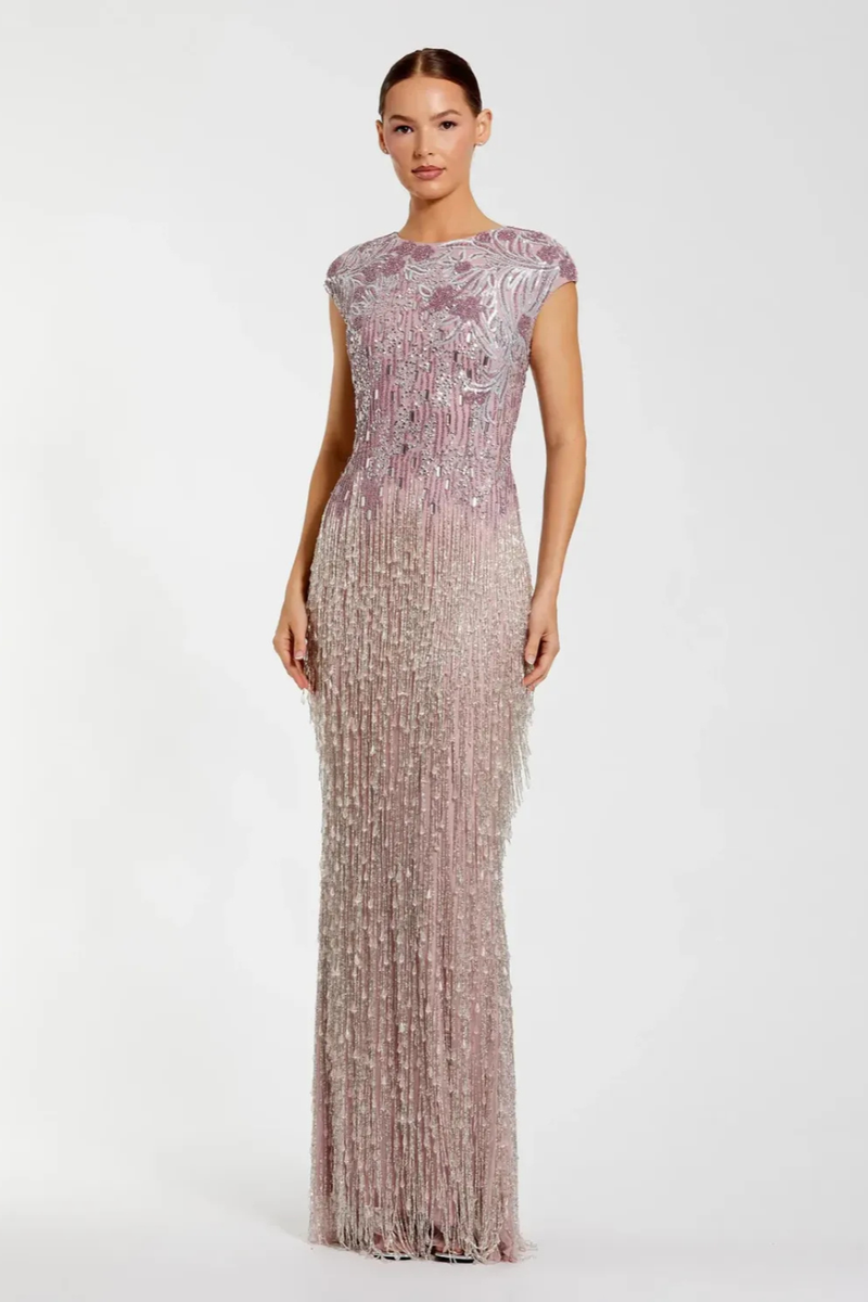 Purple Embellished Cap Sleeve Gown With Fringe Beading by Mac Duggal for women Worldwide