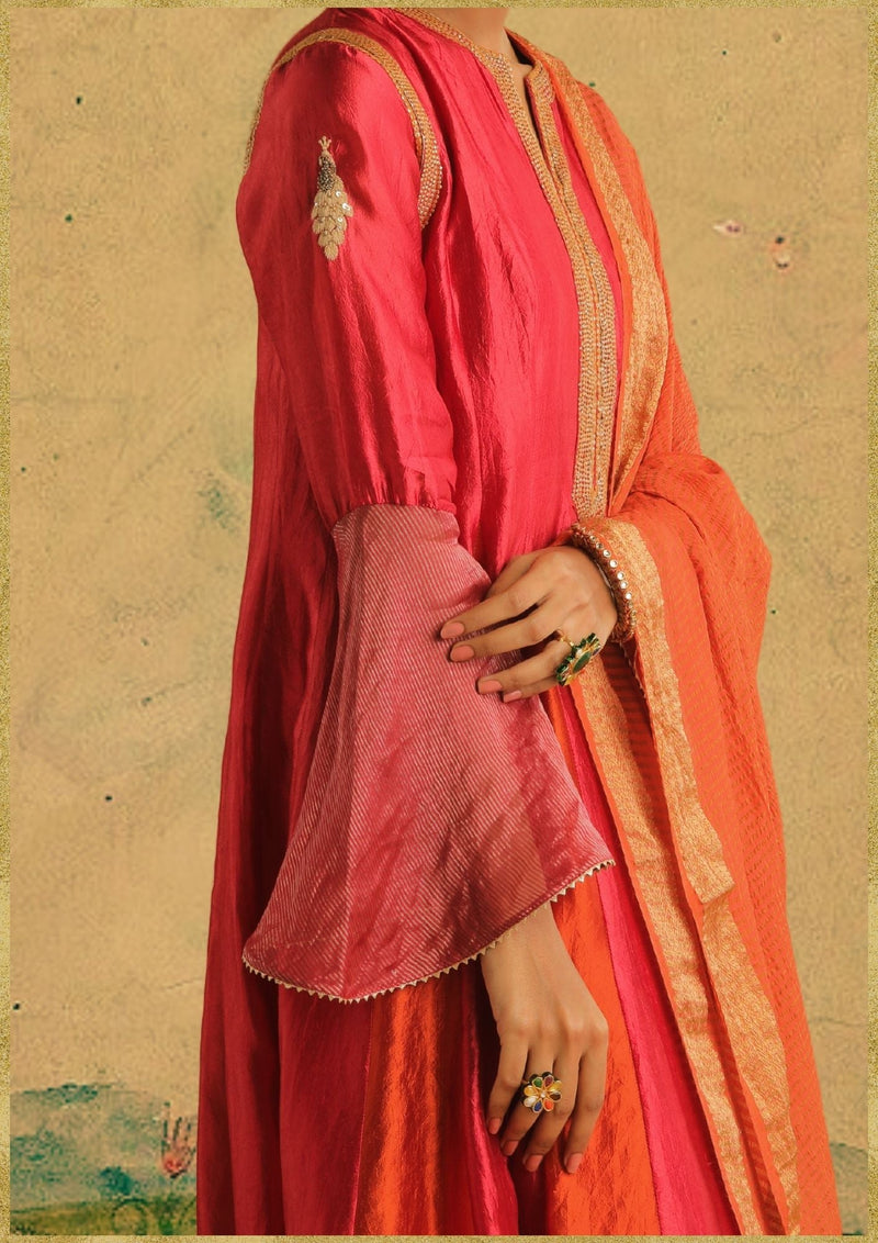 Gulal Kurta Set (MYO-2469- Dwarka) chanderi by Myoho in red color for women Worldwide