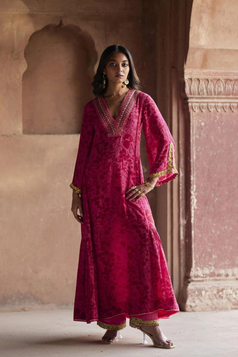 Nadira Hot Pink -Red Shadow Print Kurta Set by Rajiramniq in pink color for women Worldwide