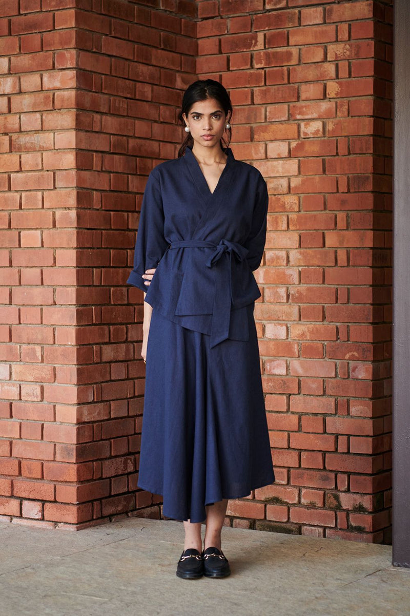 Navy Co-Linen Asymmetrical Skirt Set linen by Saphed in navy color for women Worldwide