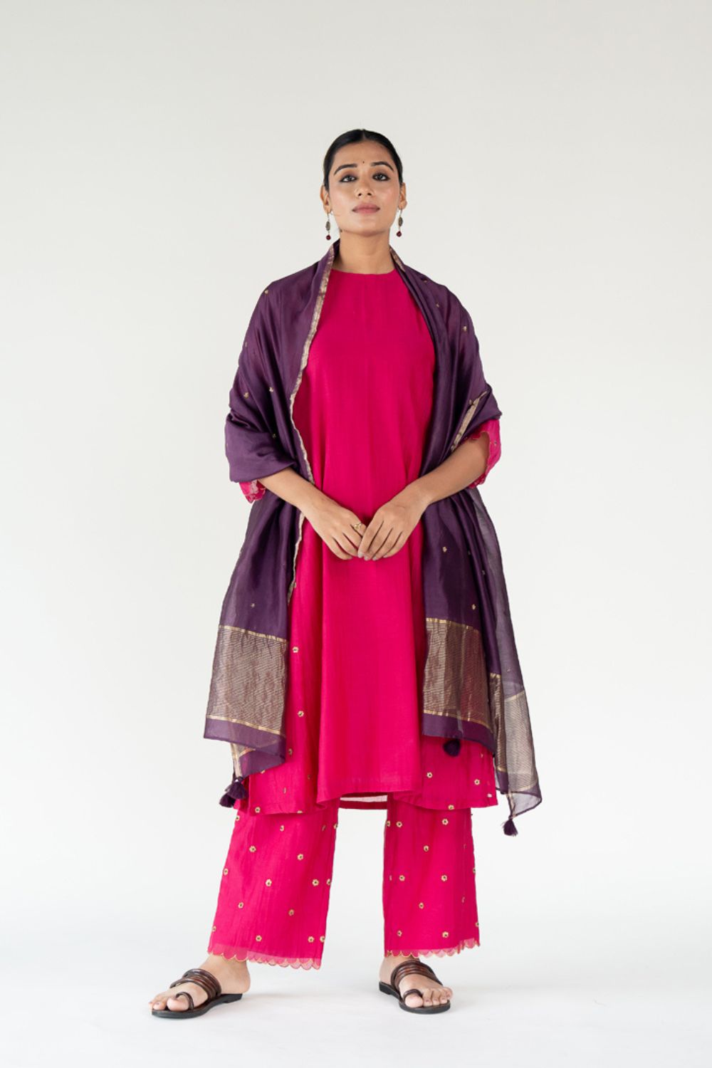 Fiza Kurta Set with Ayra Odhani-Rani Pink & Aubergine