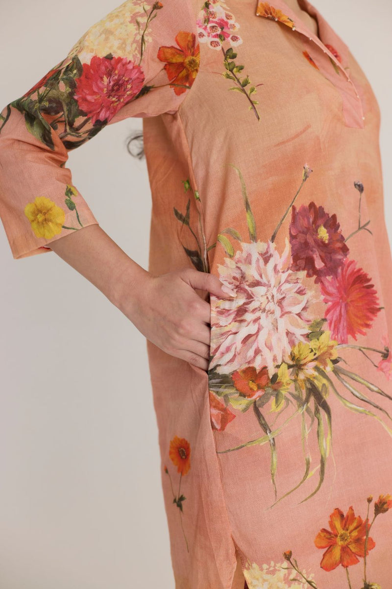 BUTTERCUP SHORT KURTA SET cotton by Yam in peach color for women Worldwide