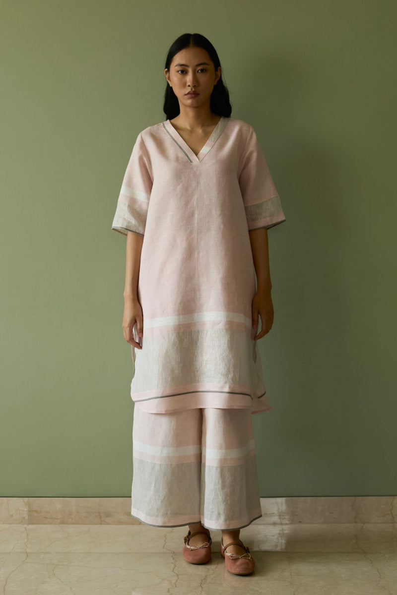 Iva Pleated Border Linen Kurta-Blush linen by Manan in blush color for women Worldwide