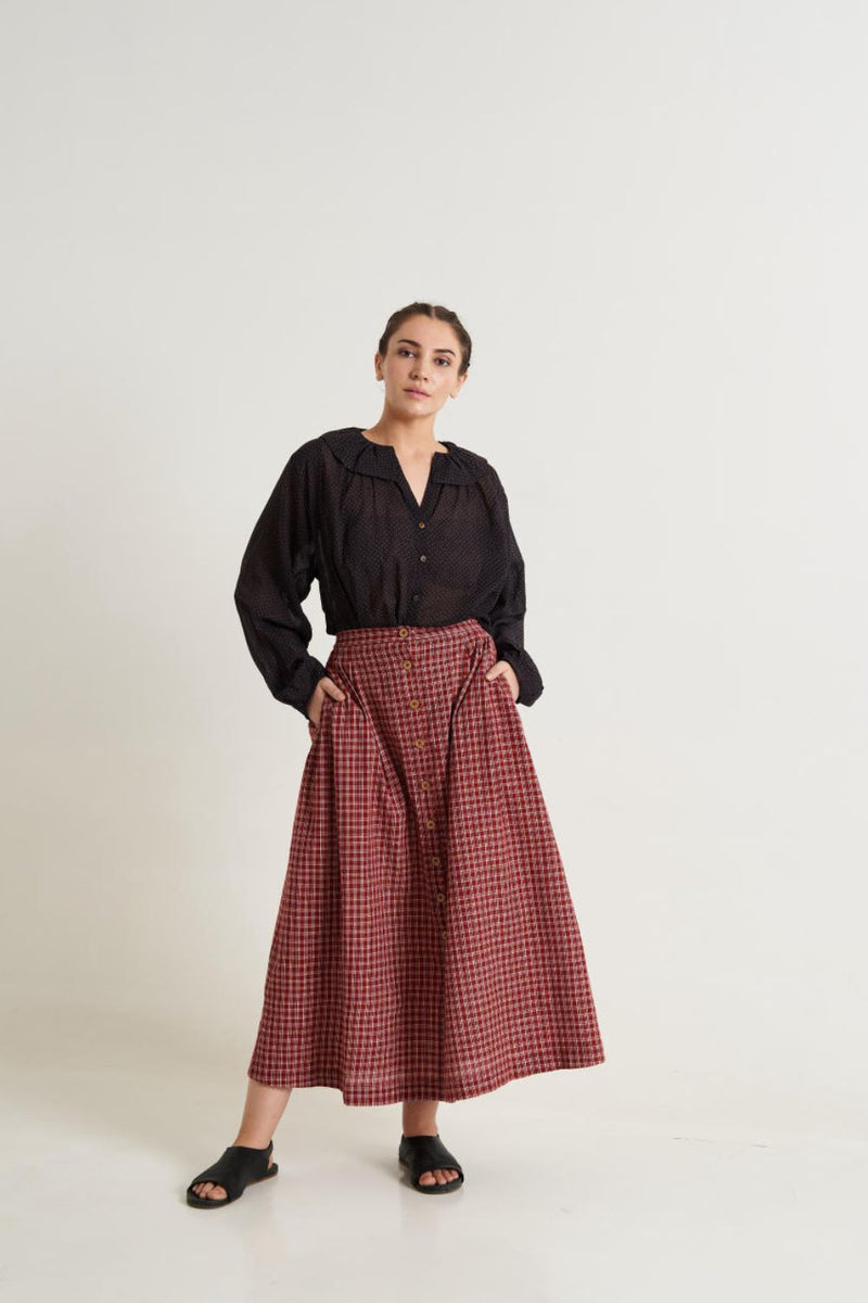 Madras checkered midi skirt - Red checks cotton by World of Crow in red color for women Worldwide