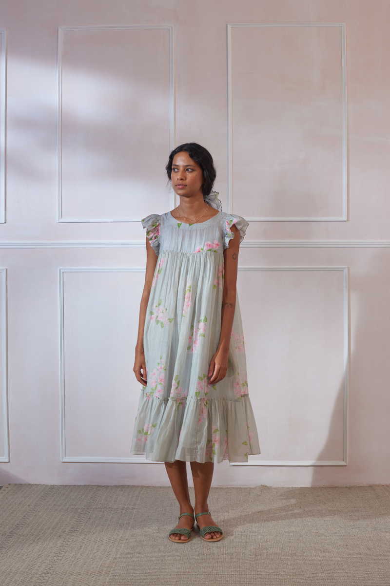 Ice Cube Bougainvillea Dress silk by Nadiya Paar in grey color for women Worldwide