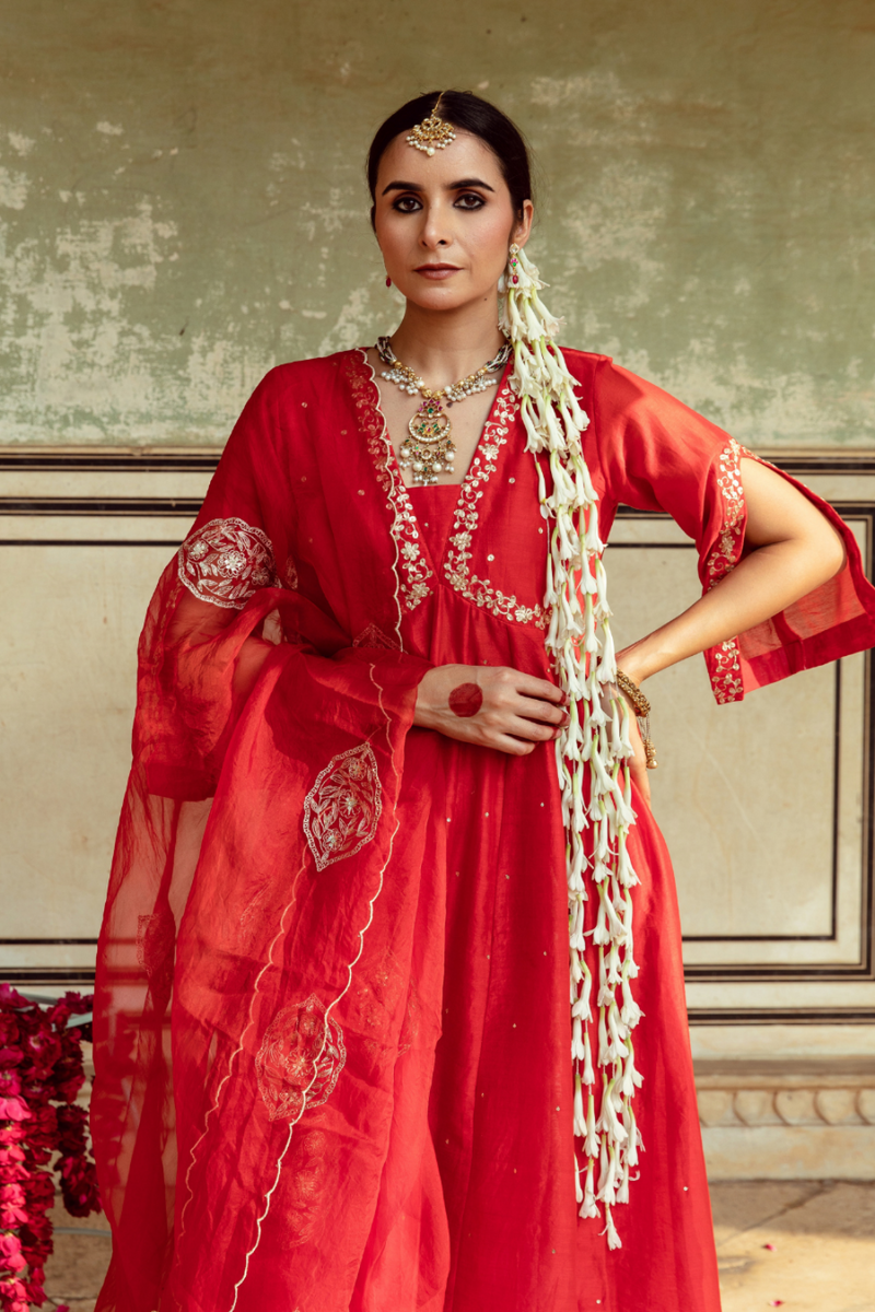 Deep Red Zari Embroidered Kalidar Set silk by Maison Shefali in red color for women Worldwide