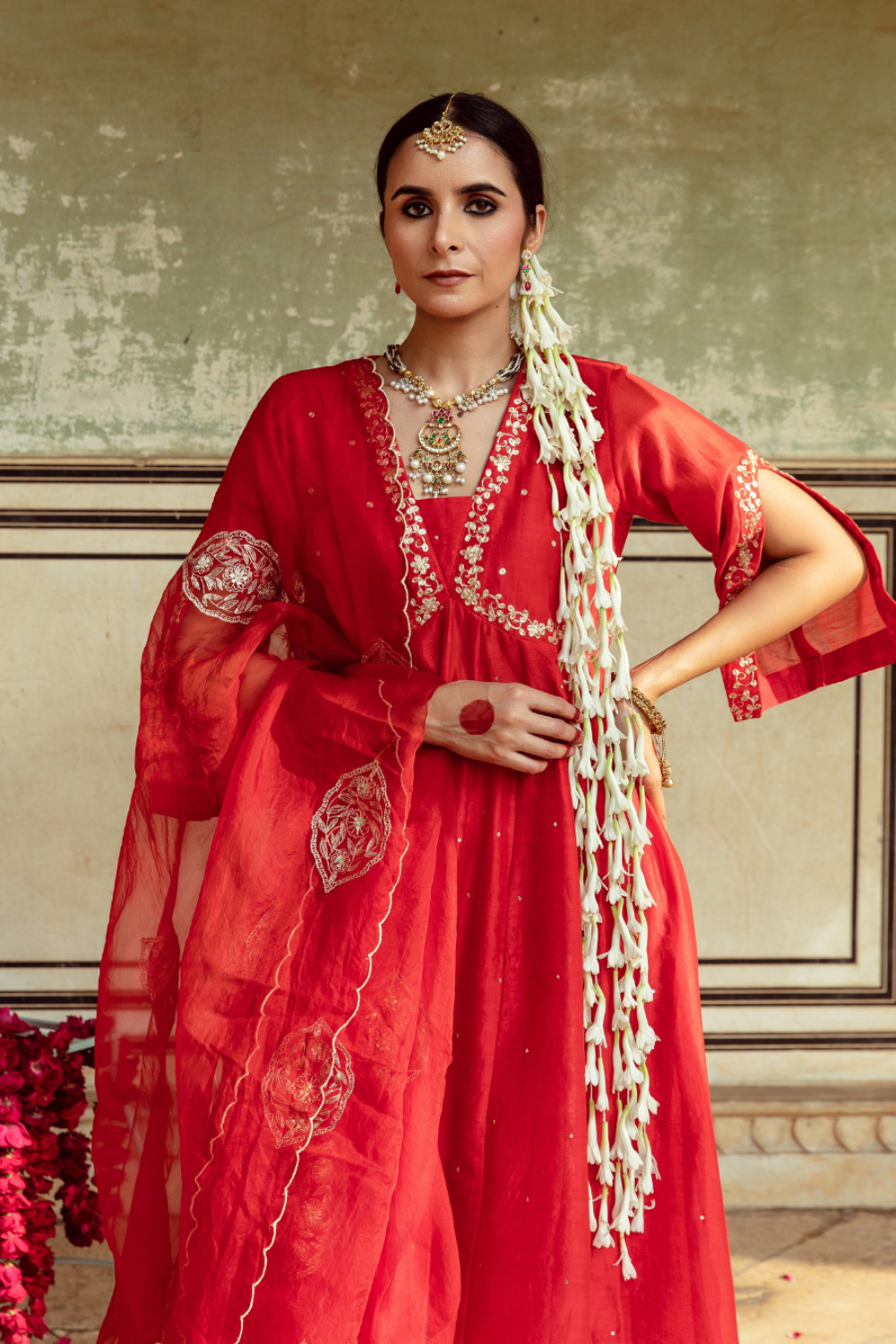 Deep Red Zari Embroidered Kalidar Set