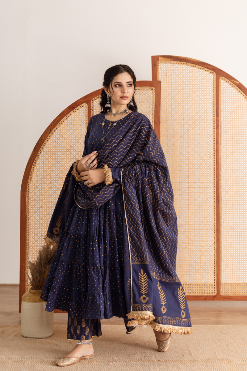 Neela Kurta Set - blue hand printed cotton kalidar suit set cotton by Maison Shefali in blue color for women Worldwide