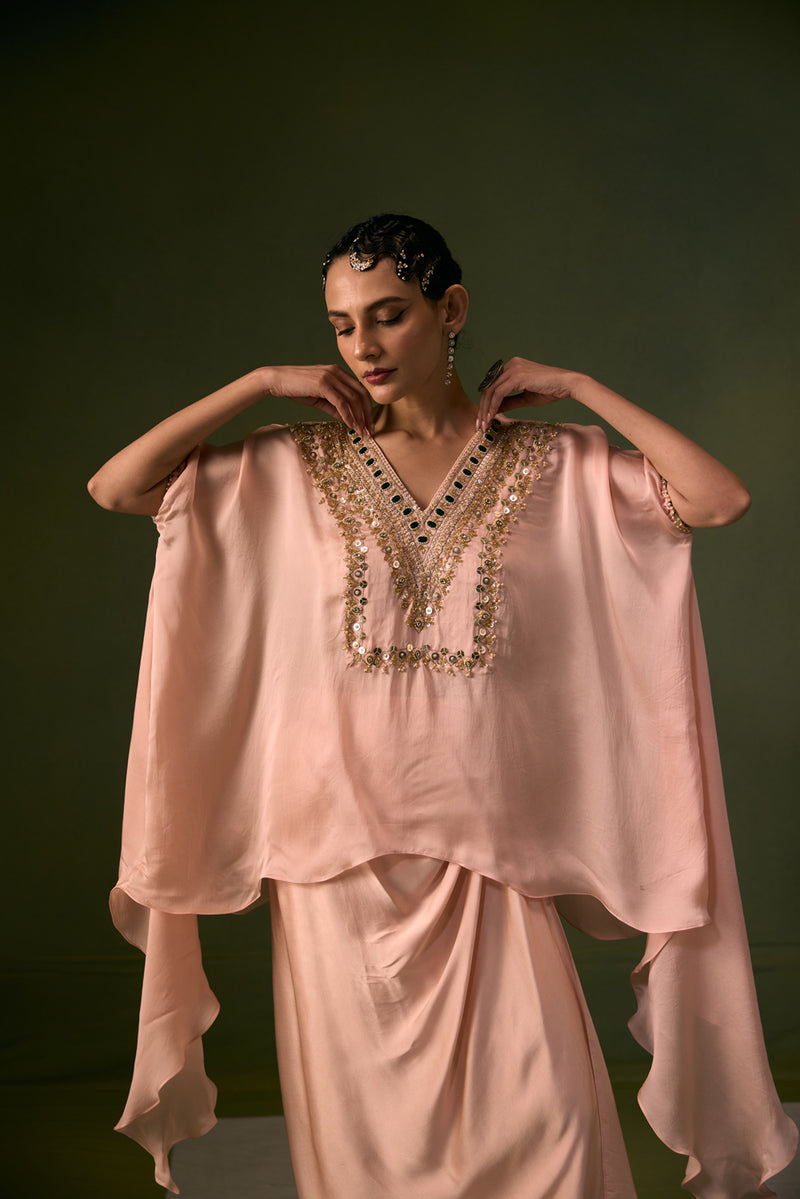 Tea Rose Antifit Asymmetric Top with Wrap Skirt vegan satin, organza satin indo-western by PRAHNAAYA in pink for women Worldwide