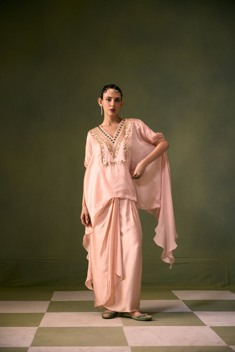 Tea Rose Antifit Asymmetric Top with Wrap Skirt vegan satin, organza satin indo-western by PRAHNAAYA in pink for women Worldwide