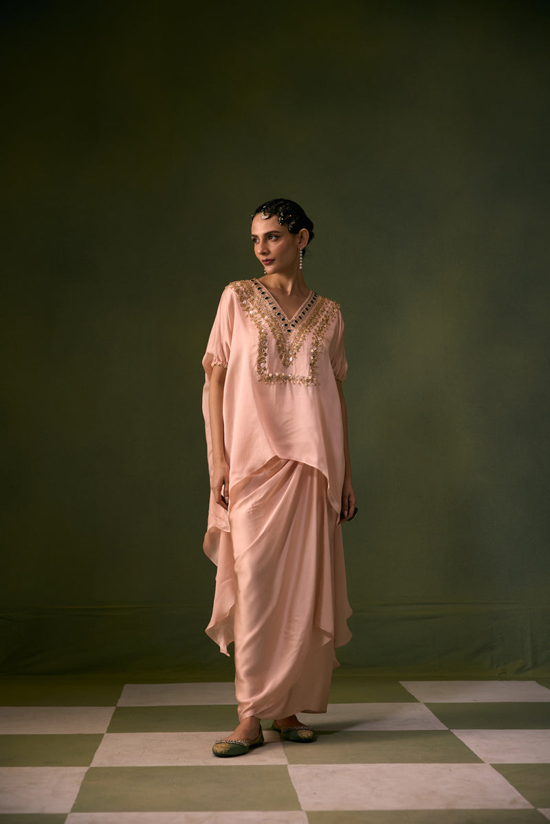 Tea Rose Antifit Asymmetric Top with Wrap Skirt vegan satin, organza satin indo-western by PRAHNAAYA in pink for women Worldwide