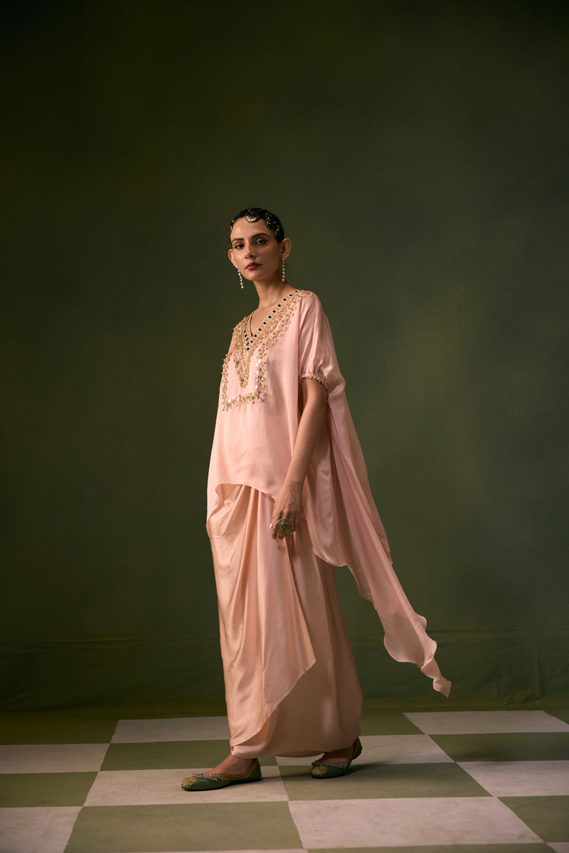 Tea Rose Antifit Asymmetric Top with Wrap Skirt vegan satin, organza satin indo-western by PRAHNAAYA in pink for women Worldwide
