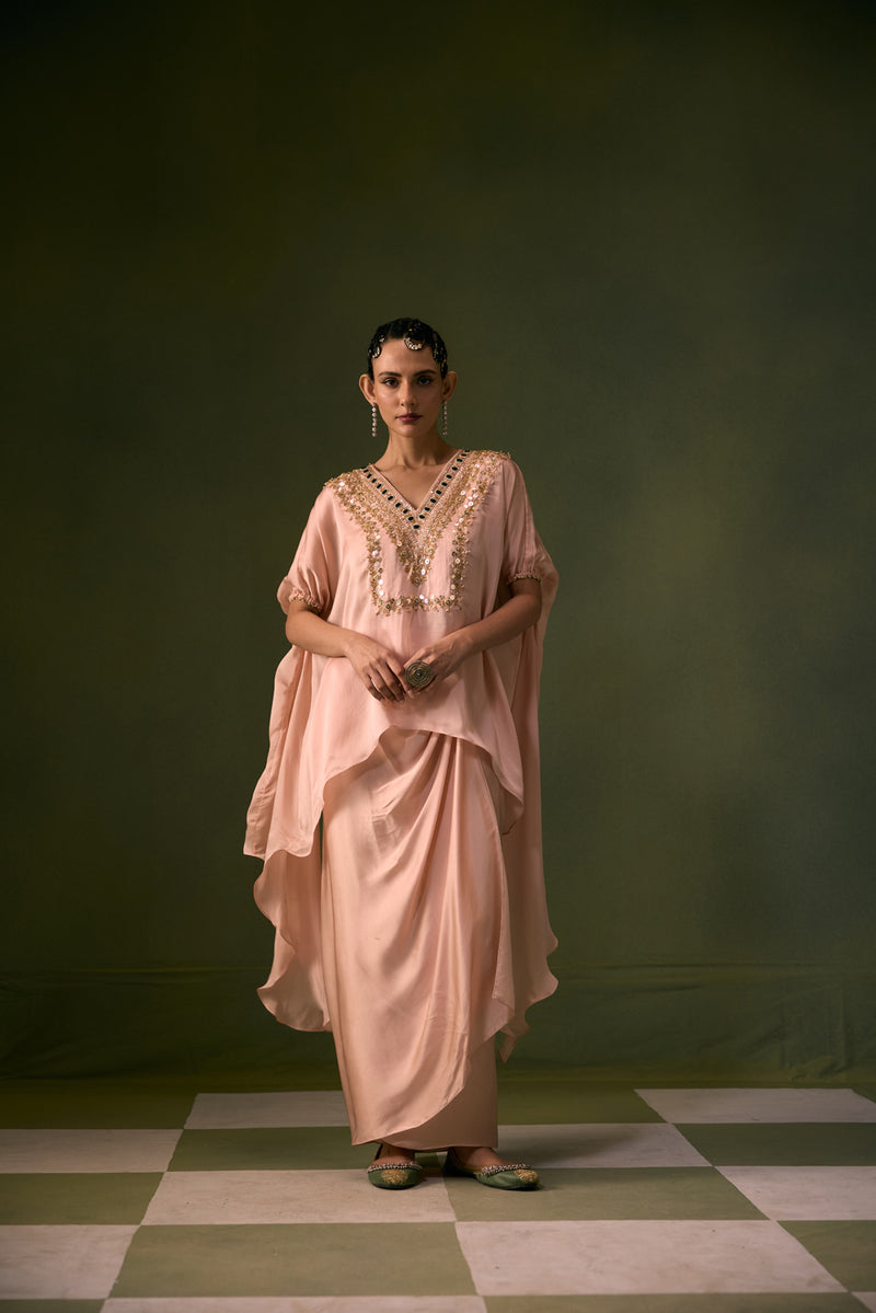 Tea Rose Antifit Asymmetric Top with Wrap Skirt vegan satin, organza satin indo-western by PRAHNAAYA in pink for women Worldwide