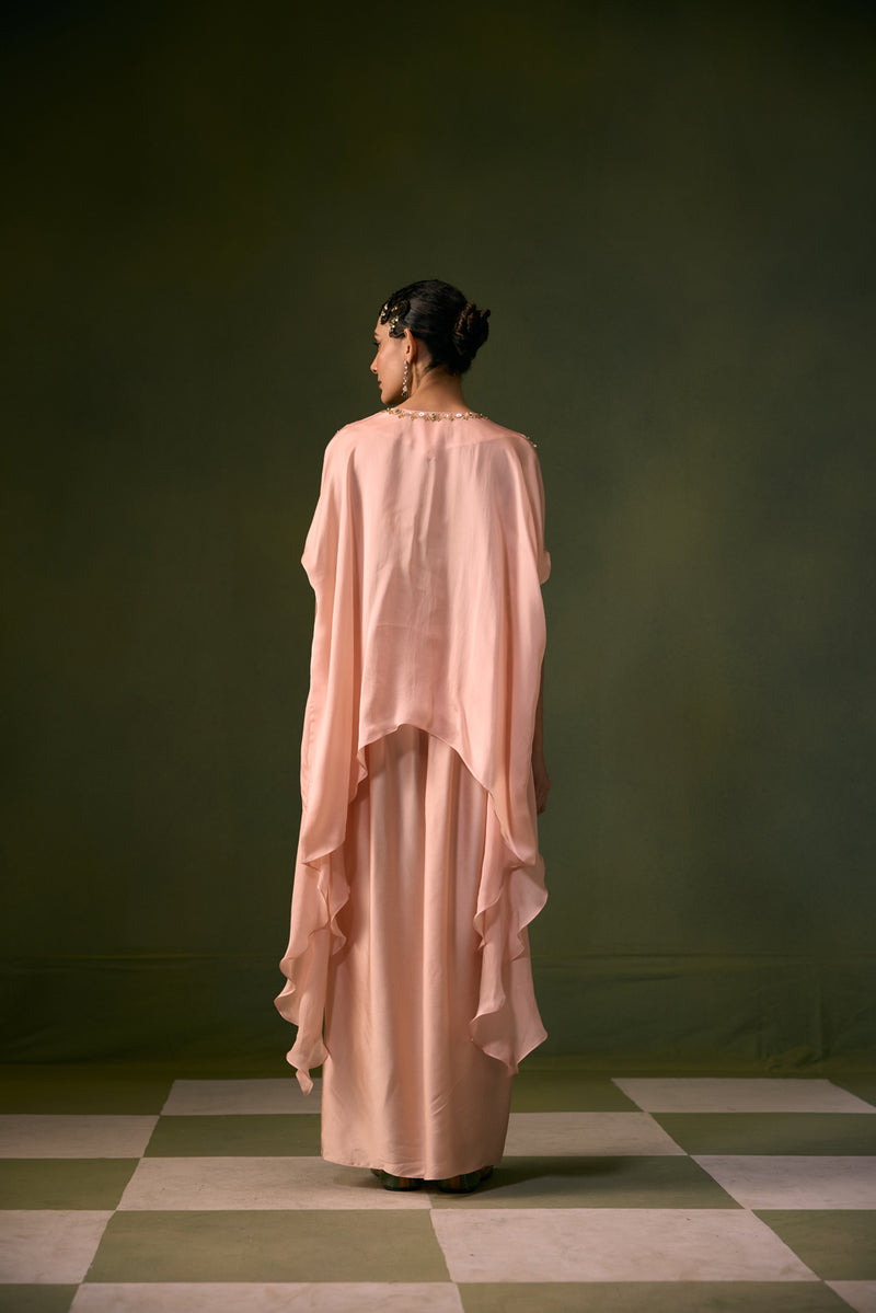 Tea Rose Antifit Asymmetric Top with Wrap Skirt vegan satin, organza satin indo-western by PRAHNAAYA in pink for women Worldwide