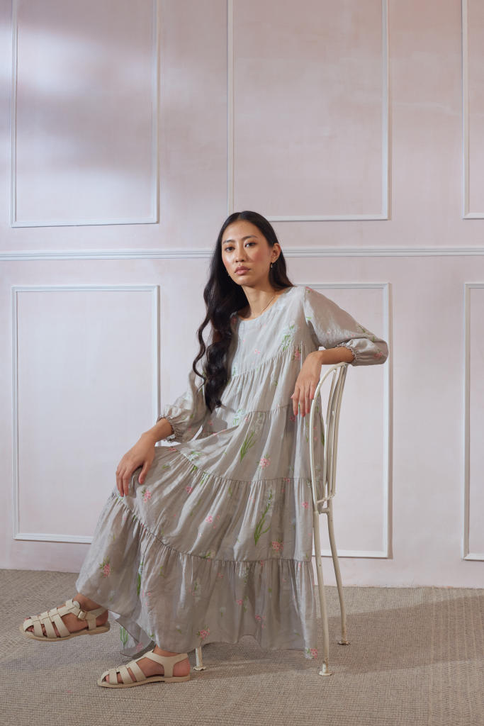 Rajnigandha Silk Tier Midi Dress silk by Nadiya Paar in grey color for women Worldwide