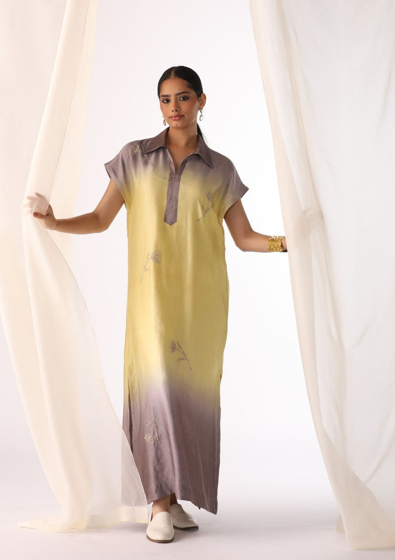 Linen satin pastels ombre hand embroidered tunic satin by Myoho in yellow color for women Worldwide
