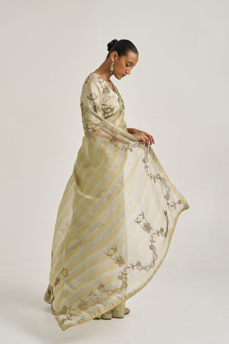 Yamini Sari Gold organza by Suparna Som in grey color for women Worldwide