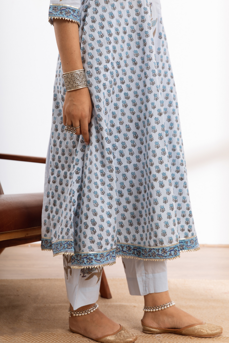 Neeleshwari- blue hand block printed cotton kalidar set cotton by Maison Shefali in blue color for women Worldwide